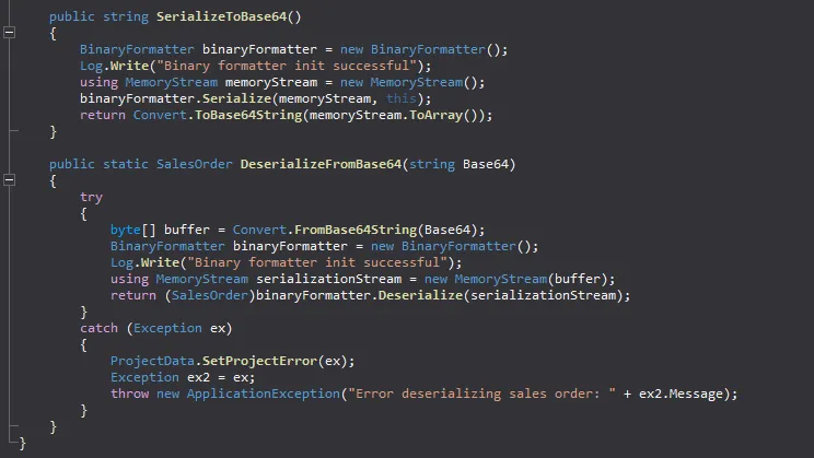 BinaryFormatter used in SalesOrder class