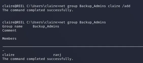 net group Backup_Admins claire /add
