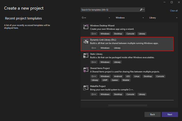 visual studio new project DLL