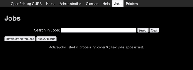 CUPS GUI jobs page