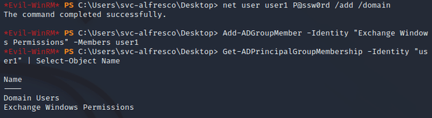 create user and add to Exchange Windows Permissions group