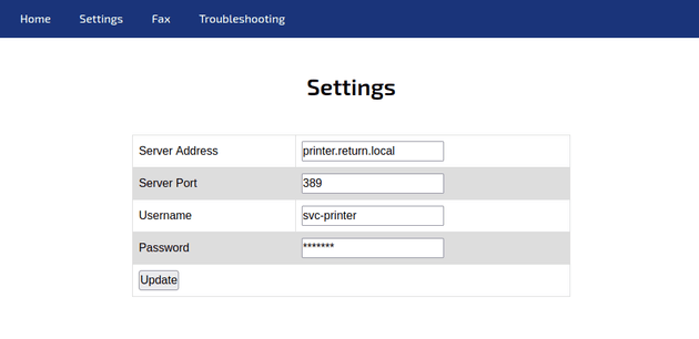 printer admin panel settings