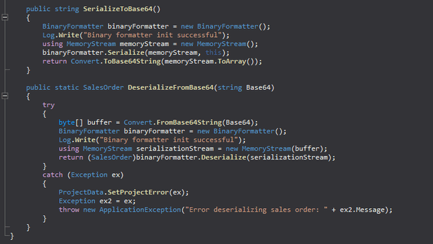 BinaryFormatter used in SalesOrder class