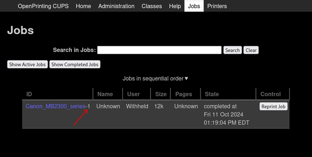 CUPS GUI All Jobs ID number