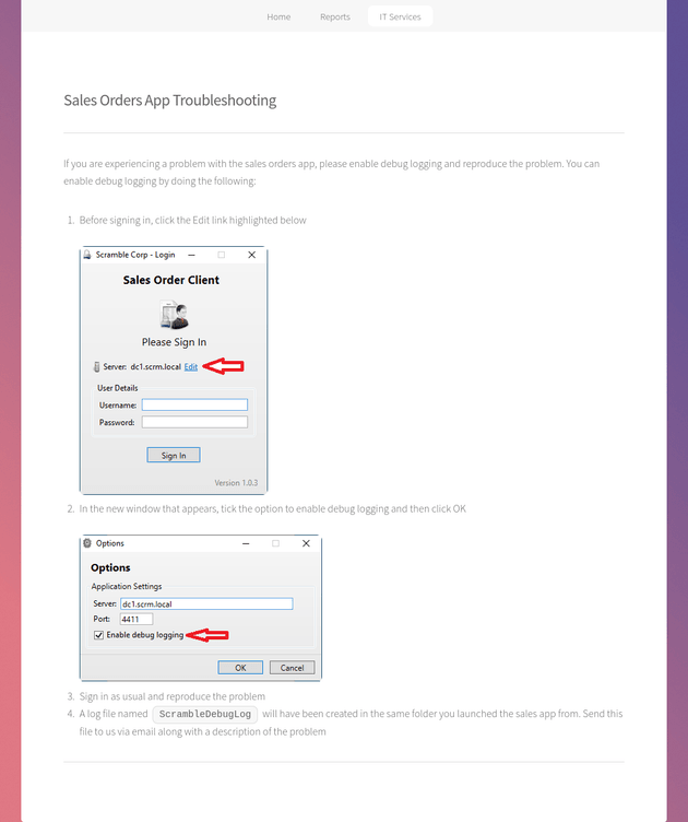 sales orders app troubleshooting page