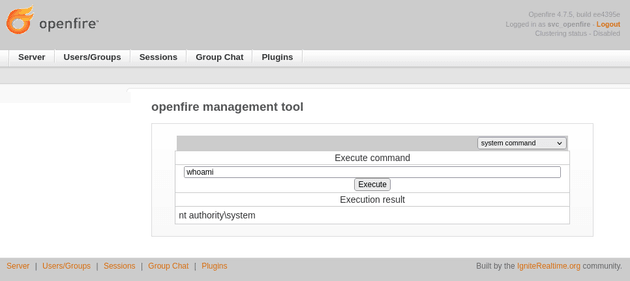 openfire management tool system command whoami